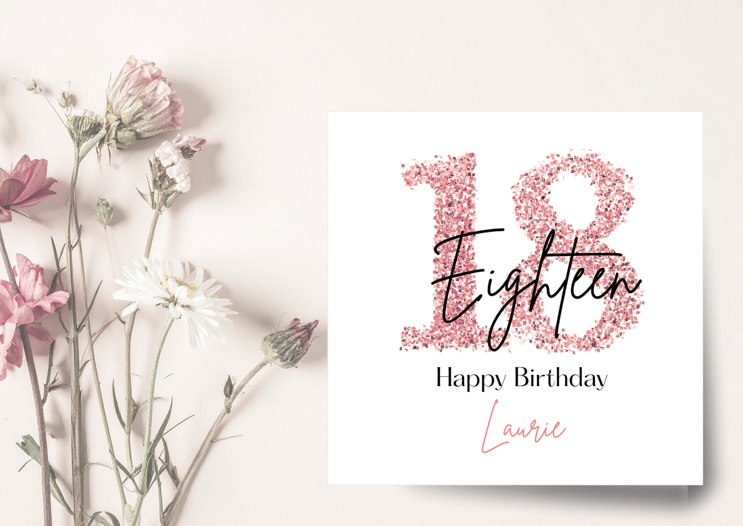 Rose Gold Glitter 18th Birthday Card – Personalised with Name