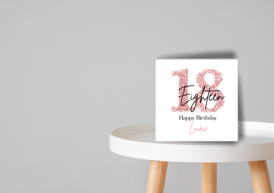 Rose Gold Glitter 18th Birthday Card – Personalised with Name