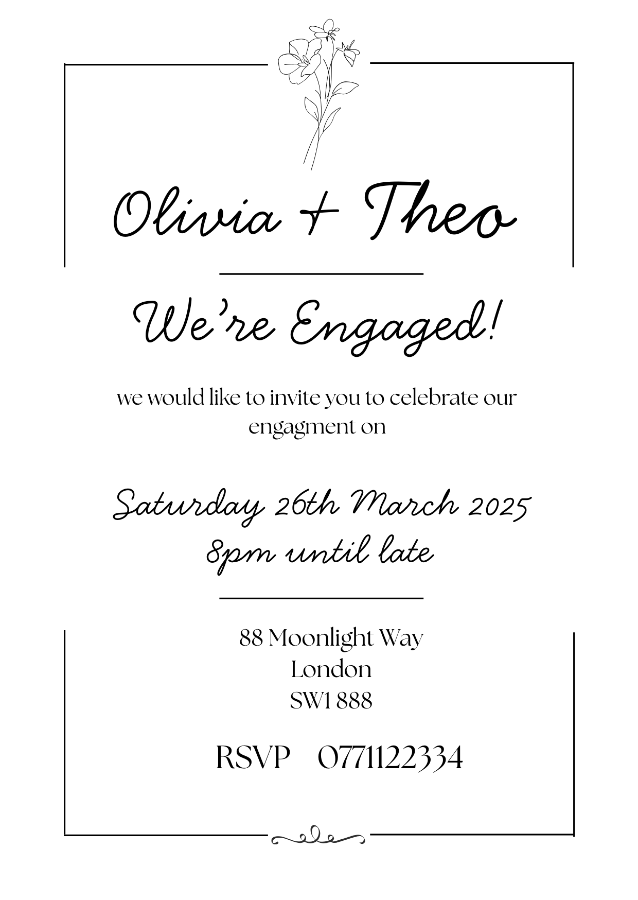 Monochrome Floral Engagement Invitations