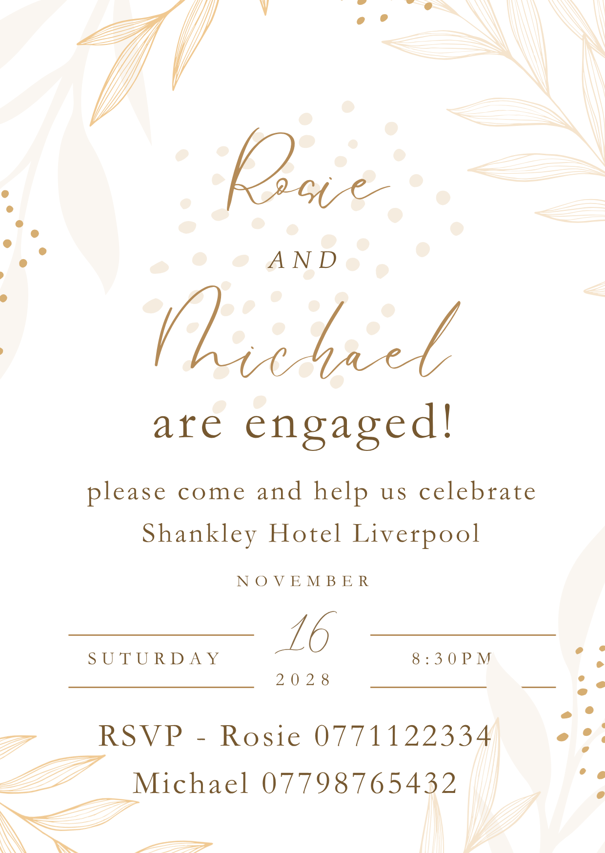 Pink and Gold Leaf Engagement Party Invitation