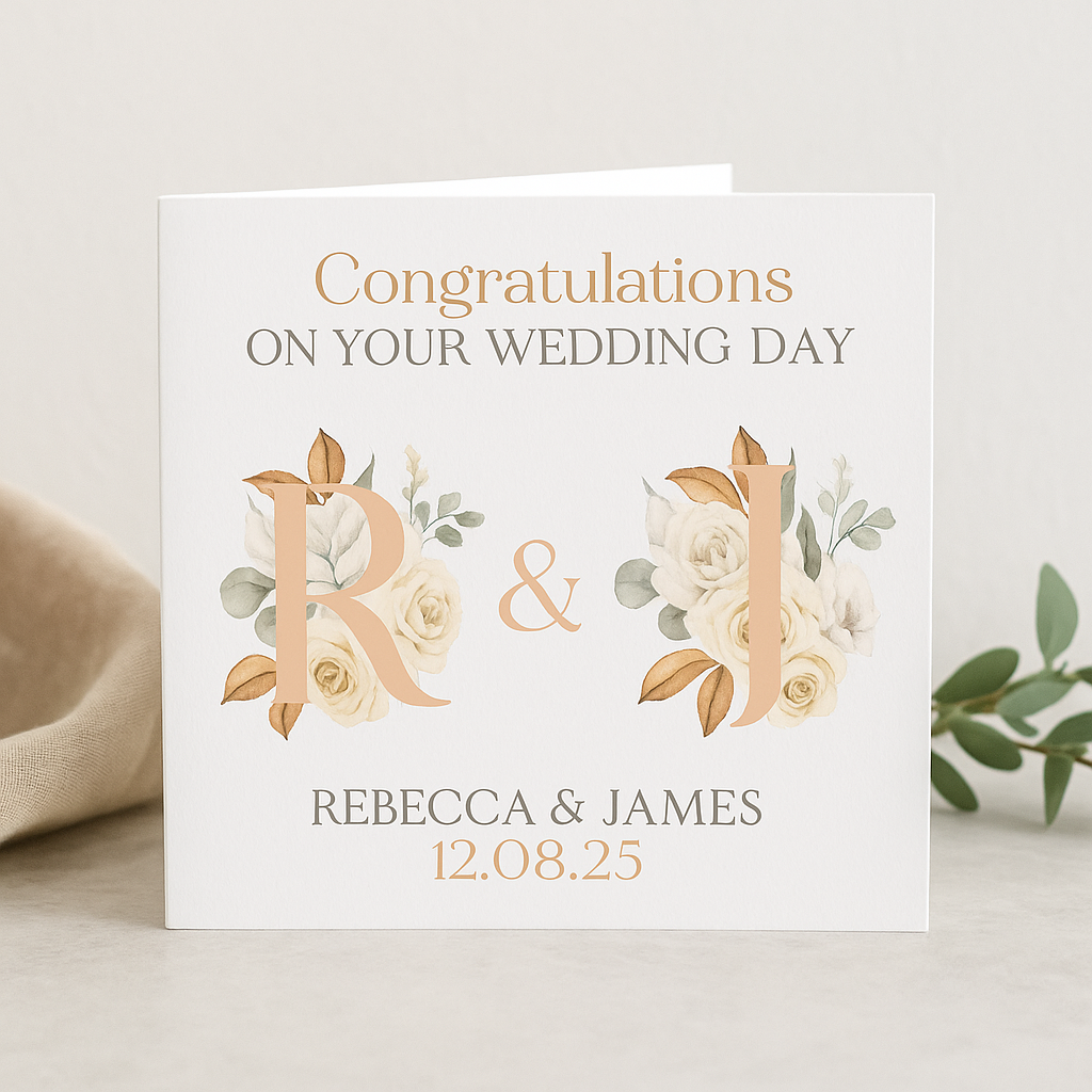 Wedding Day Congratulations Greeting Card – Elegant Floral Monogram