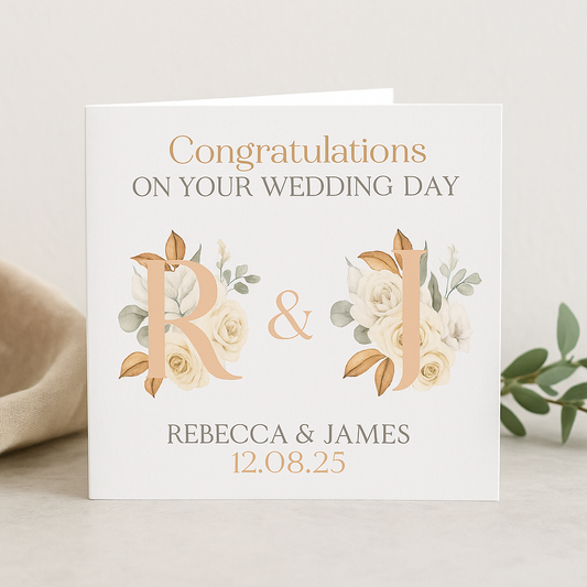 Wedding Day Congratulations Greeting Card – Elegant Floral Monogram