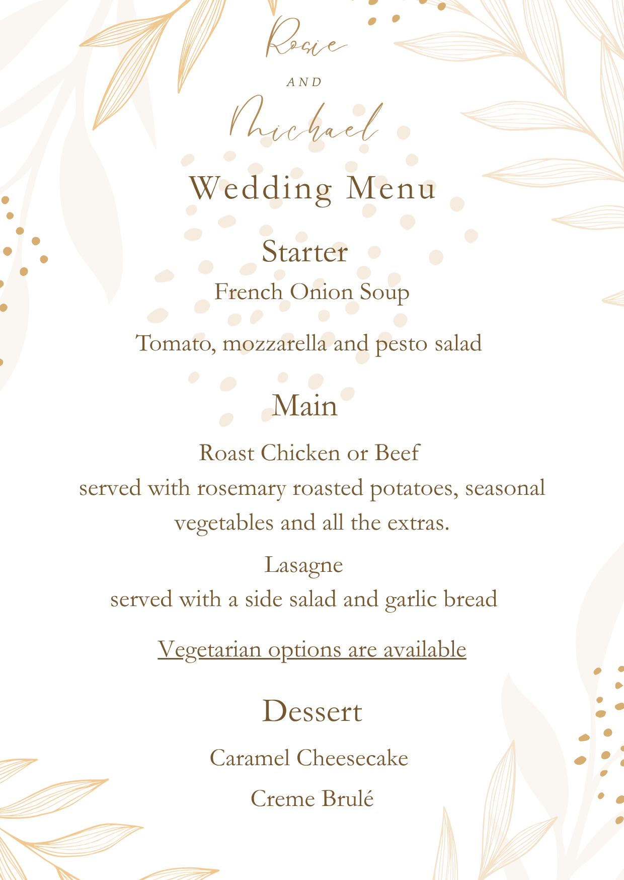 Pink and Gold Leaf Wedding Menu