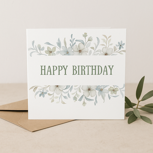 Blue Floral Happy Birthday Card – Elegant Watercolour Flowers