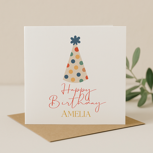 Party Hat Happy Birthday Card – Personalised with Name