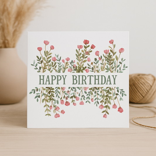 Floral Wreath Happy Birthday Greeting Card – Watercolour Flowers