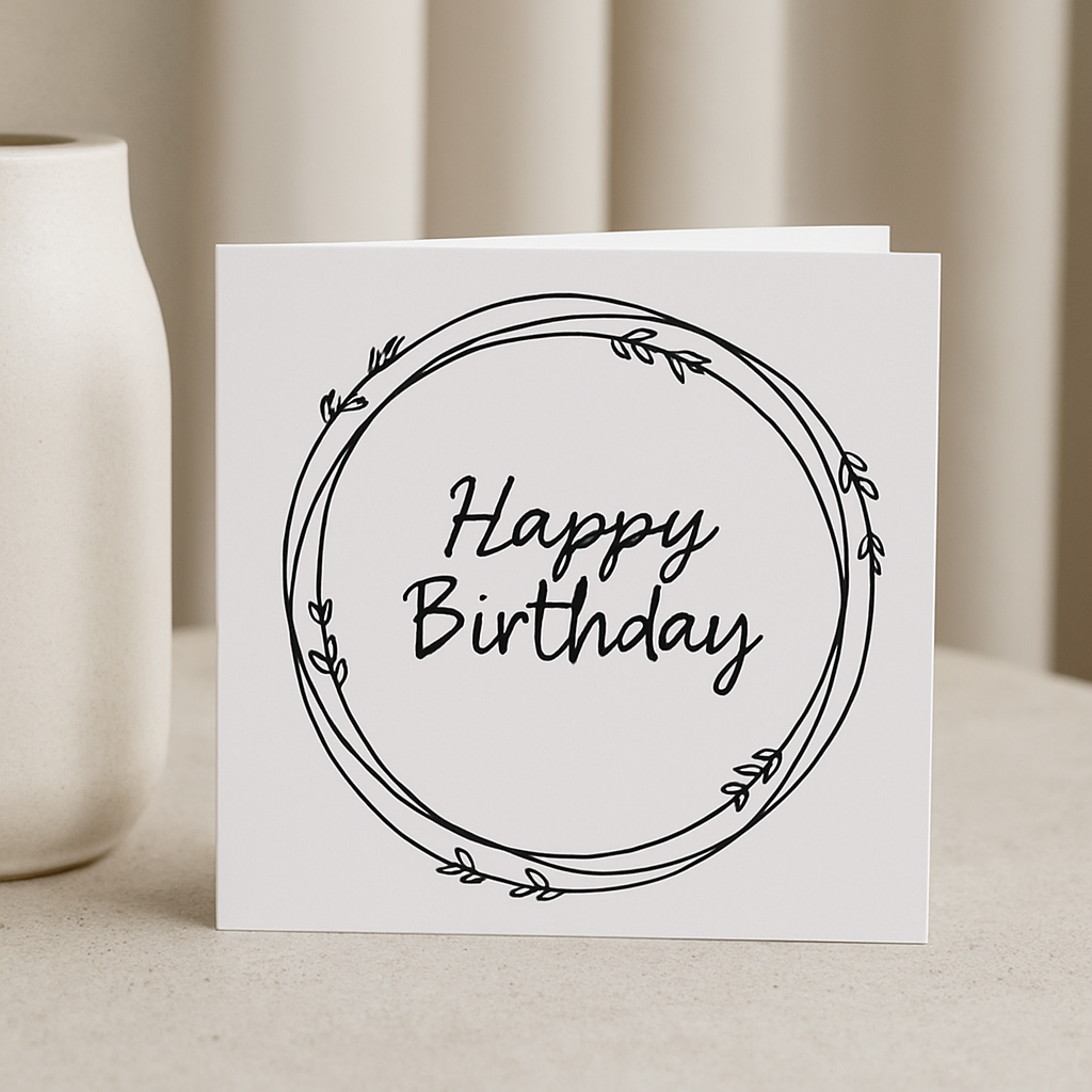 Minimalist Wreath Happy Birthday Greeting Card – Black & White