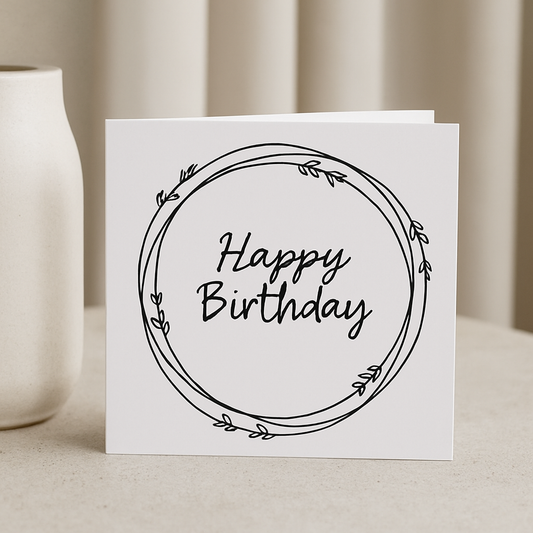 Minimalist Wreath Happy Birthday Greeting Card – Black & White
