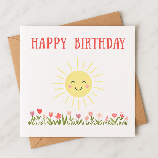 Sunshine & Flowers Happy Birthday Greeting Card – Cheerful & Bright