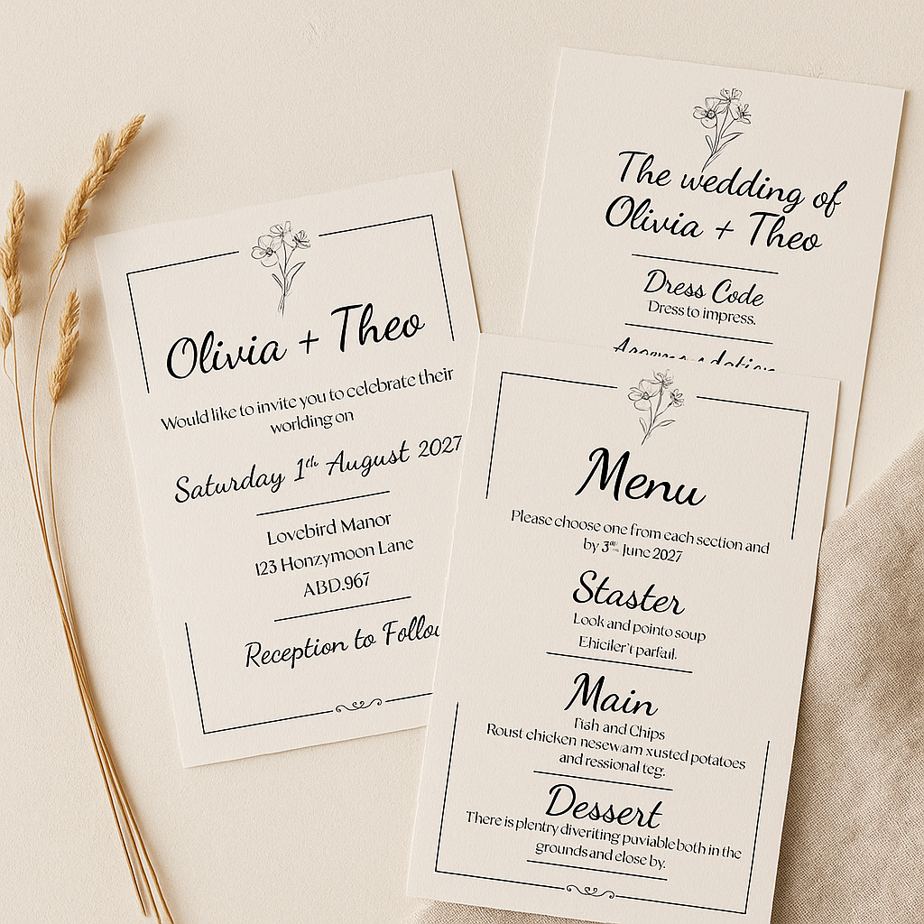 Monochrome Floral Wedding Menu