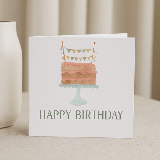 Watercolour Birthday Cake Greeting  Card – Pastel Happy Birthday