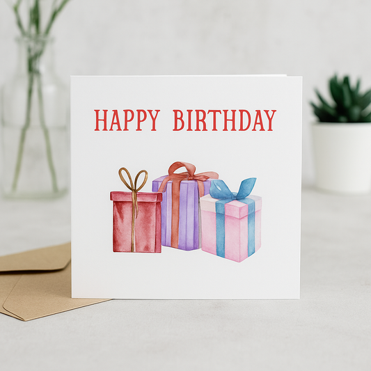 Watercolour Birthday Presents Greeting Card – Gift Box Design