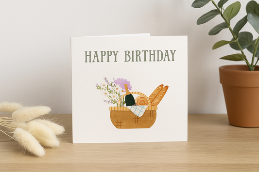 Picnic Basket Happy Birthday Greeting Card – Rustic Watercolour