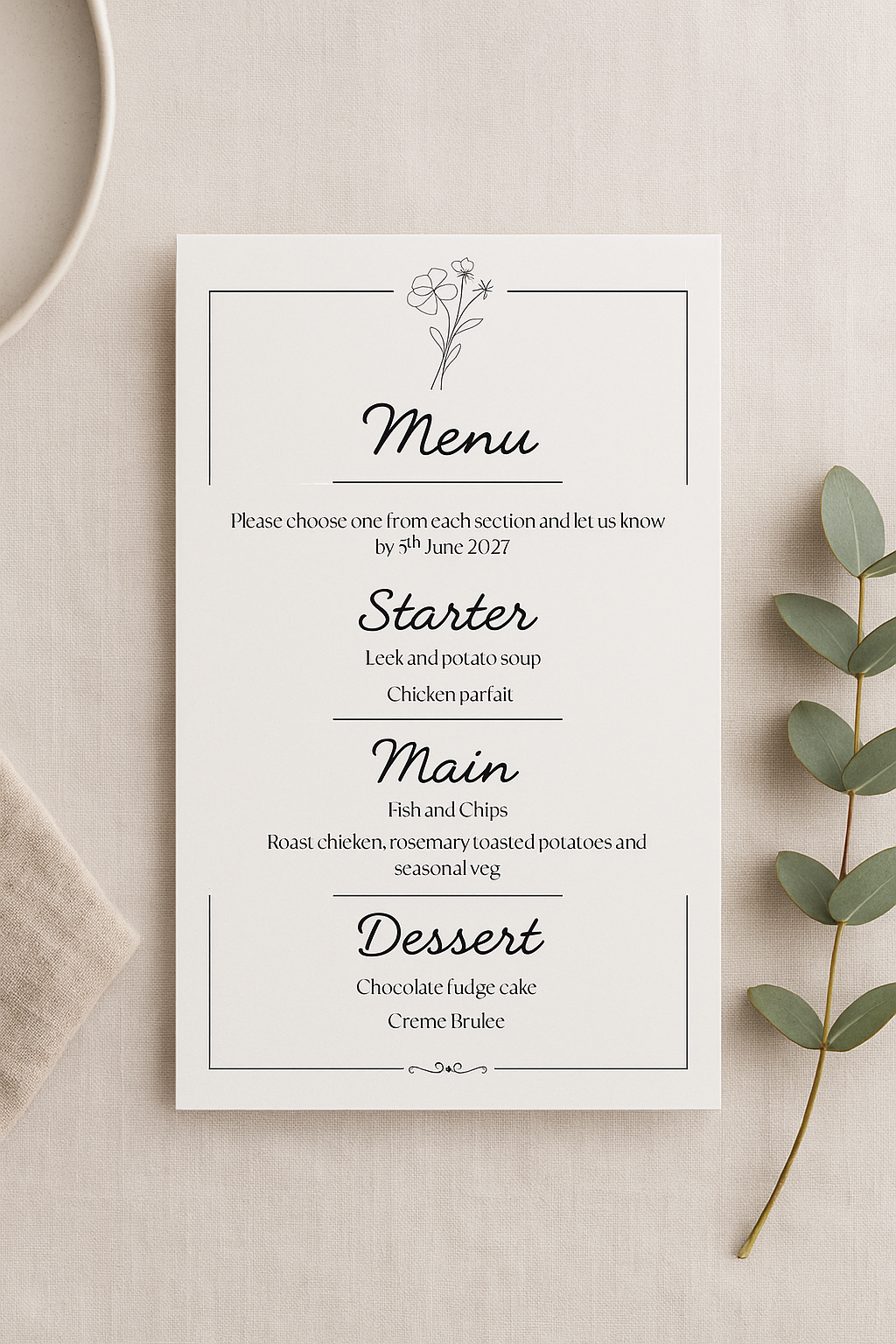 Monochrome Floral Wedding Menu