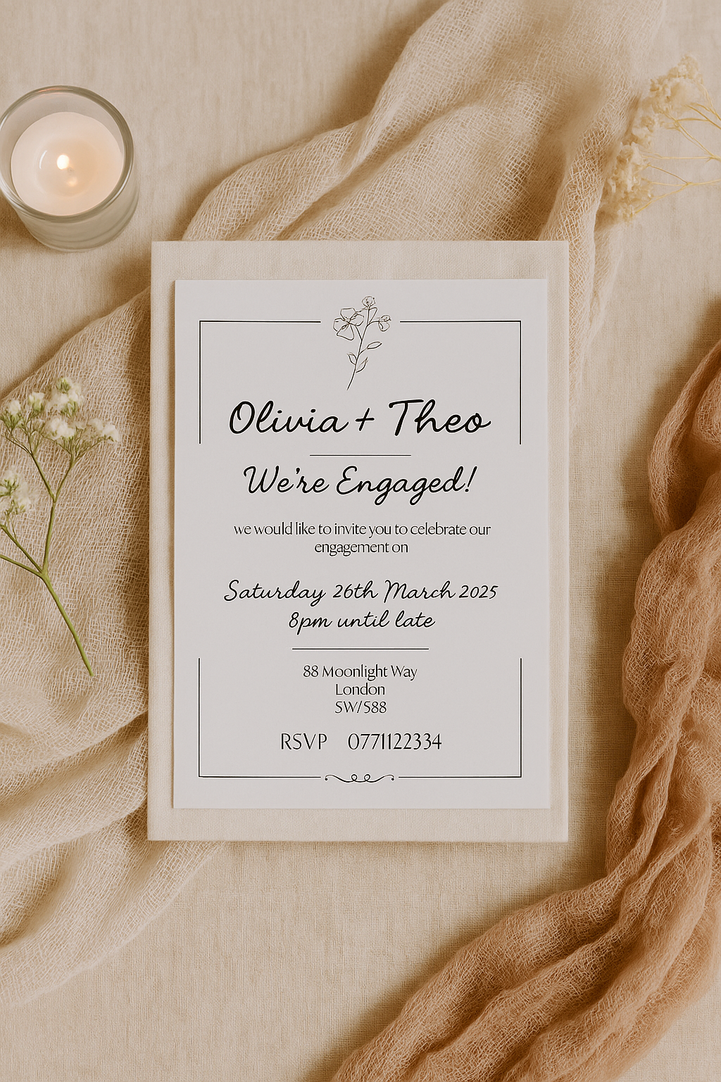Monochrome Floral Engagement Invitations