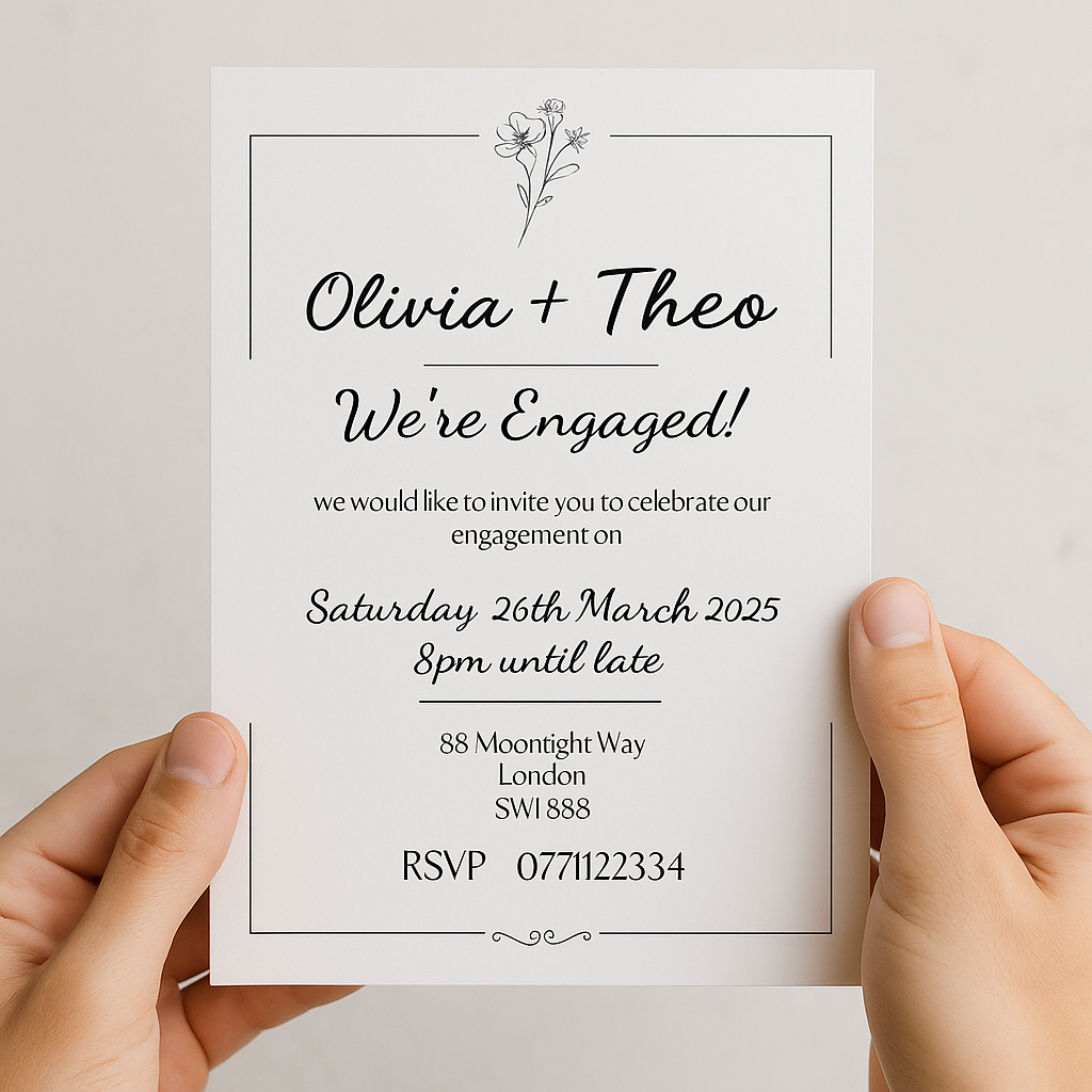 Monochrome Floral Engagement Invitations
