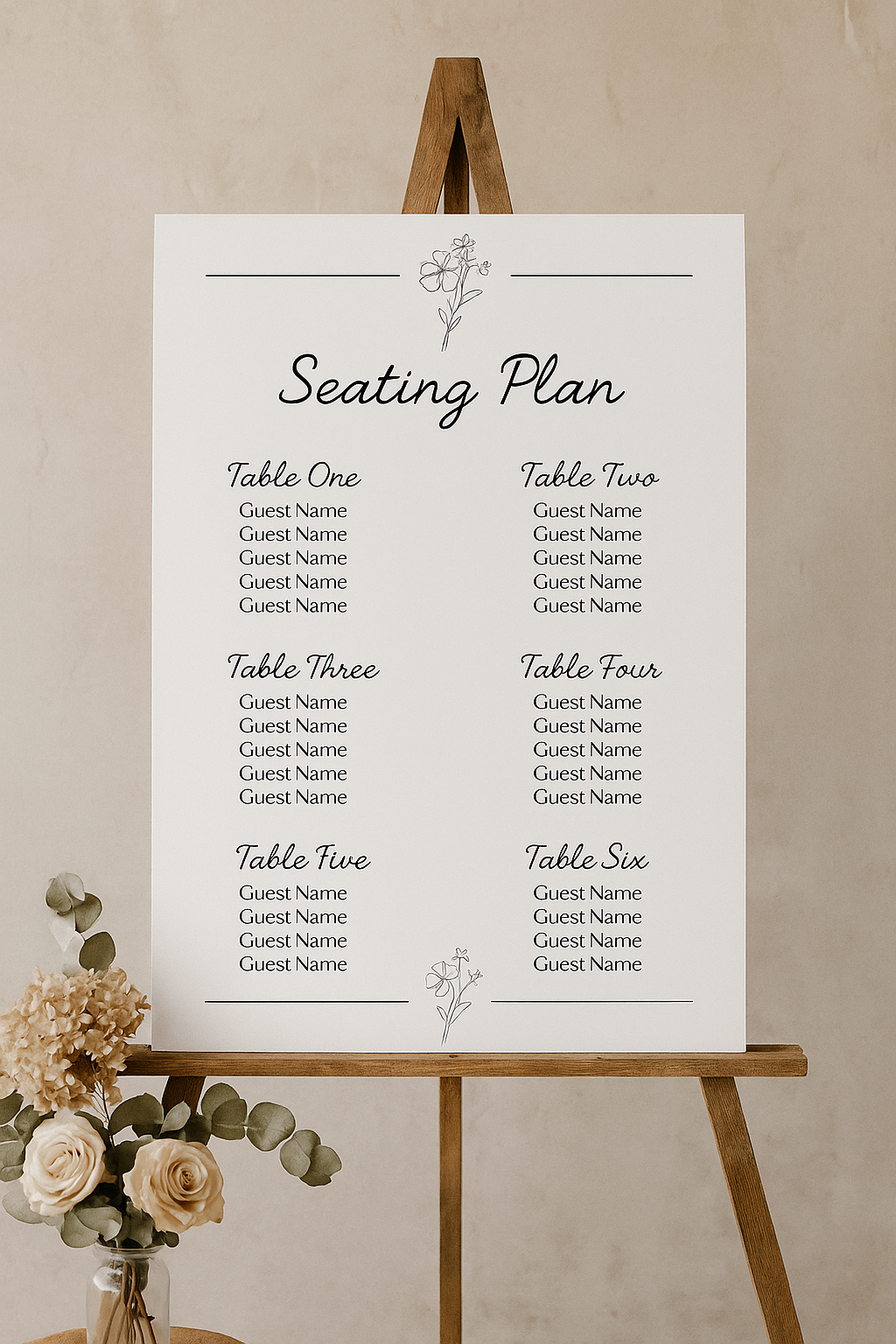 Monochrome Floral Wedding Guest Seating Plan
