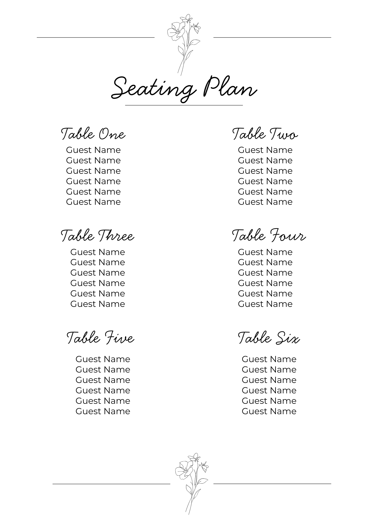 Monochrome Floral Wedding Guest Seating Plan