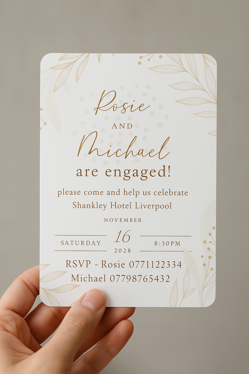 Pink and Gold Leaf Engagement Party Invitation