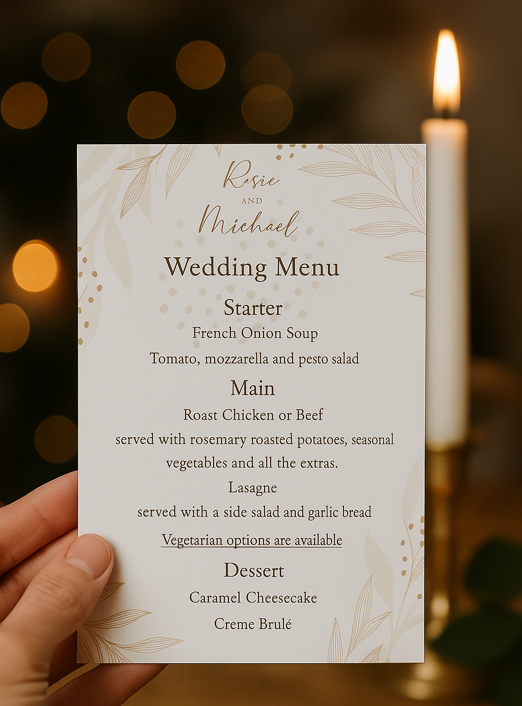 Pink and Gold Leaf Wedding Menu