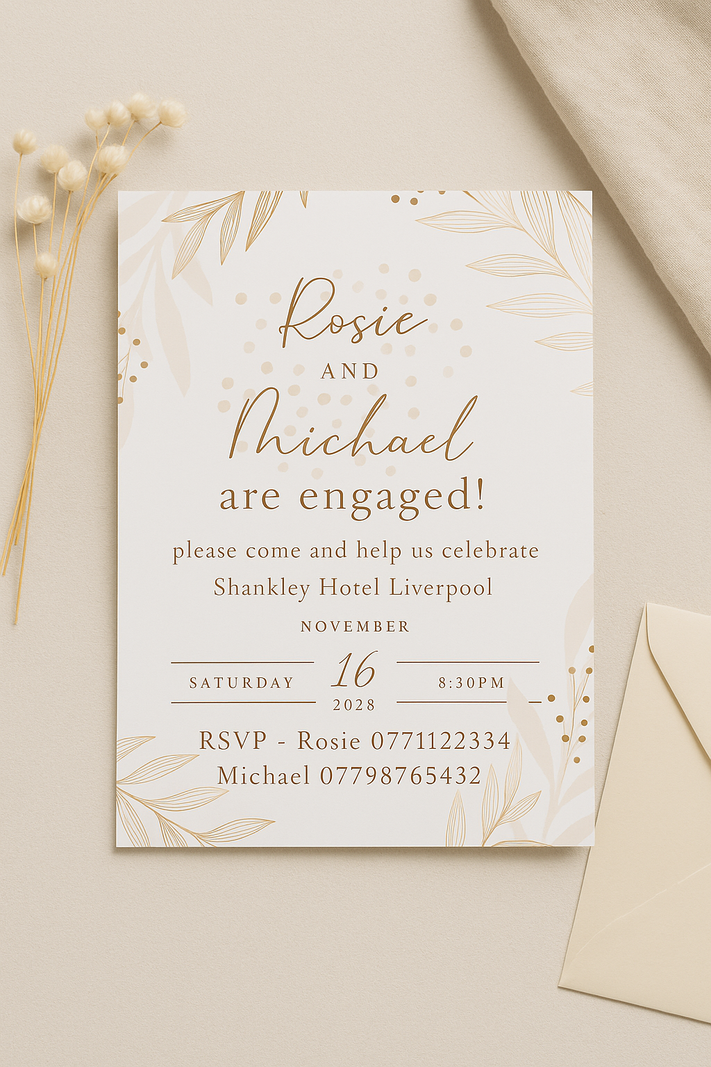 Pink and Gold Leaf Engagement Party Invitation