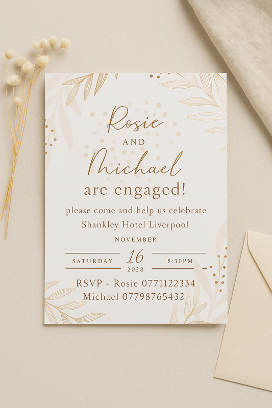 Pink and Gold Leaf Engagement Party Invitation