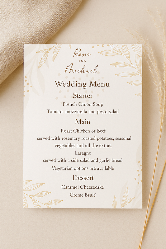 Pink and Gold Leaf Wedding Menu