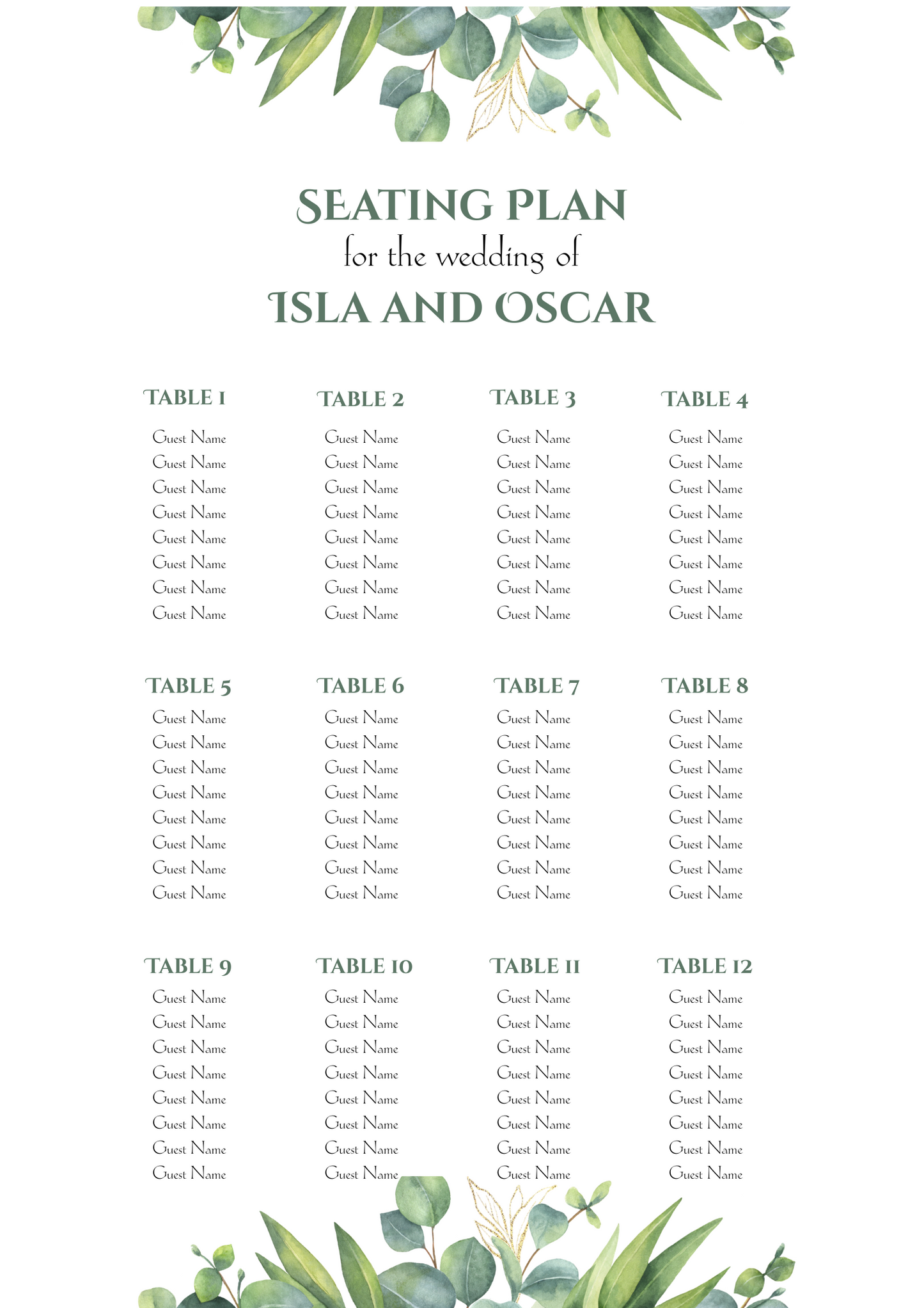 Eucalyptus Watercolour – Seating Plan
