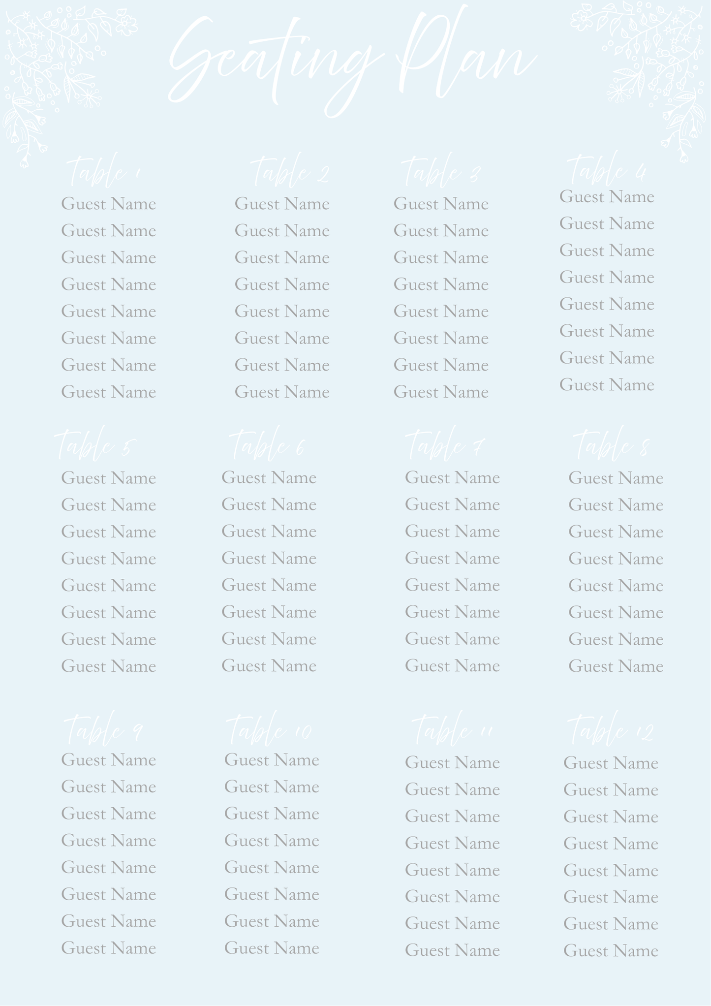 Floral Duck Egg – Wedding Seating Plan