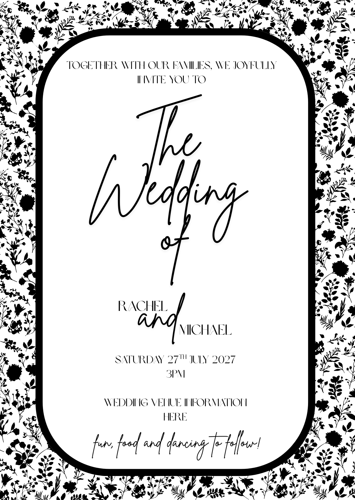 Black & White Floral A6 Wedding Invitation
