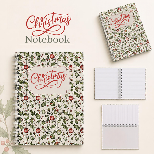 Christmas A5 Lined Notebook | Festive Holly & Baubles Design