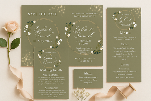 Dark Floral wedding stationery bundle with Save the Dates, Invitations, Details cards and Menus