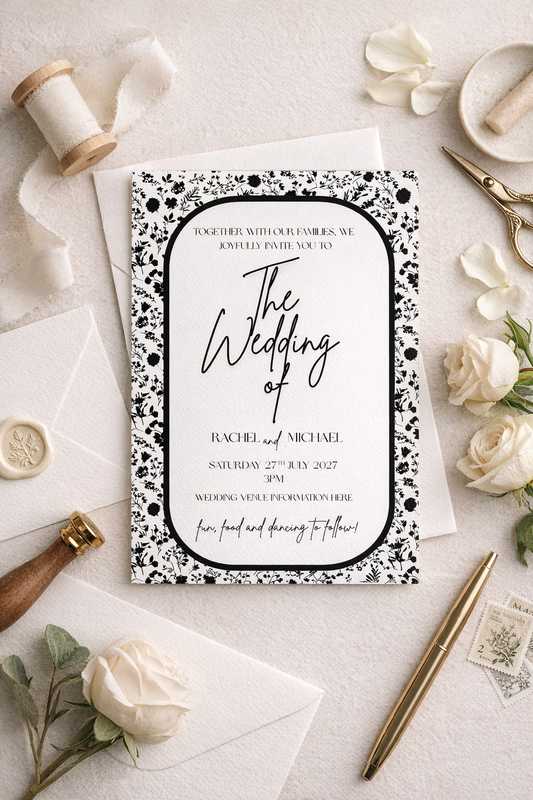 Black & White Floral A6 Wedding Invitation