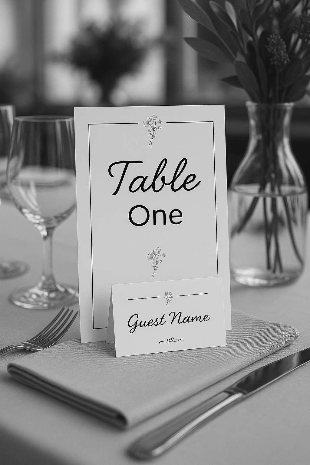 Monochrome Floral Wedding Guest Table Name Card