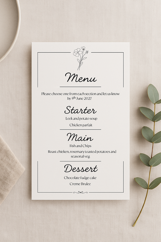 Monochrome Floral Wedding Menu