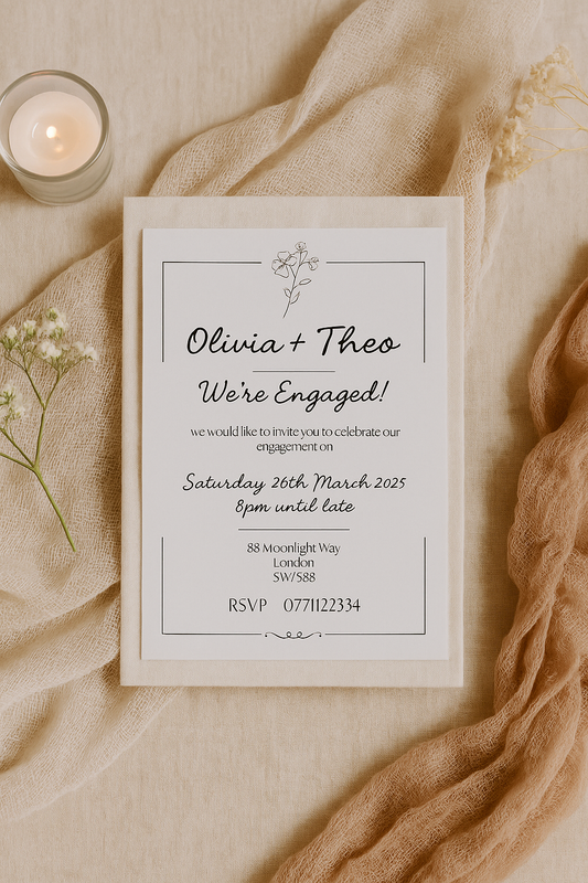 Monochrome Floral Engagement Invitations