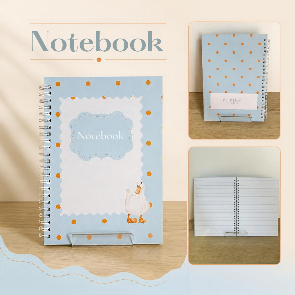 Blue Duck A5 Lined Notebook | Cute Pastel Blue & Polka Dot Design